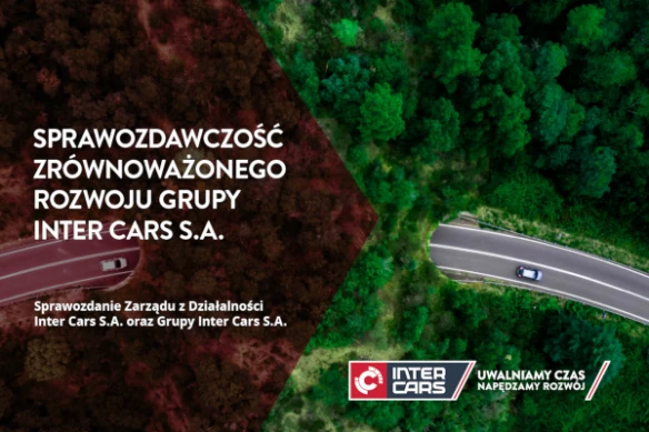 Raport o Zrównoważonym Rozwoju Inter Cars S.A. Widok z lotu ptaka krętej drogi przez bujną zieleń z tekstem o raporcie o zrównoważonym rozwoju Inter Cars S.A.