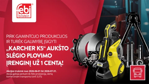 Febi Bilstein reklaminis paveikslėlis su Karcher K5 aukšto slėgio plovimo mašina ir automobilių dalimis.