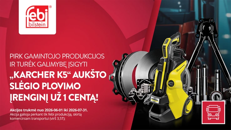 Febi Bilstein reklaminis paveikslėlis su Karcher K5 aukšto slėgio plovimo mašina ir automobilių dalimis.