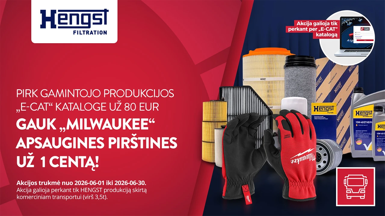 Reklaminis vaizdas Hengst Filtration gaminiams su Milwaukee pirštinėmis pasiūlymas perkant daugiau nei 80 EUR.