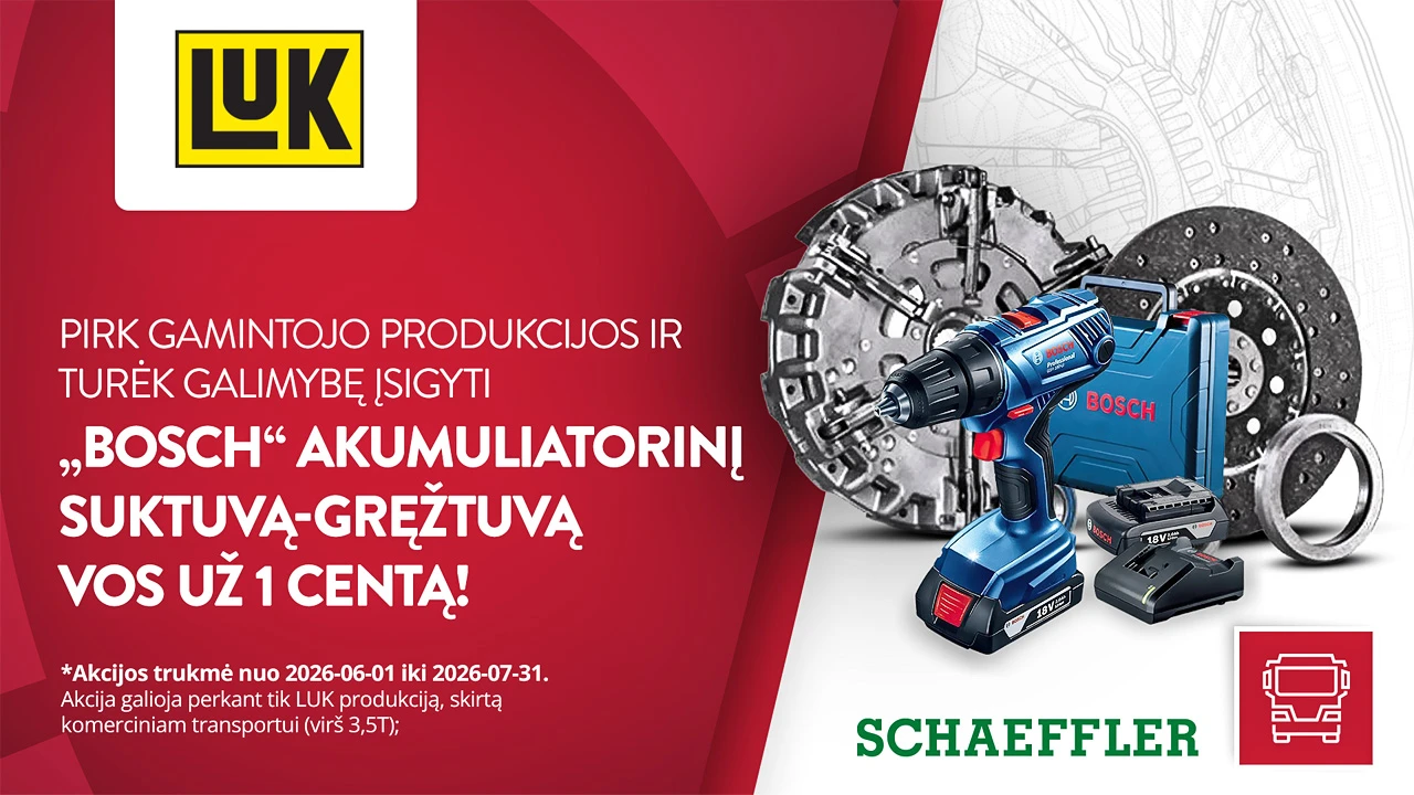LUK reklaminis grafikas, kuriame vaizduojami Bosch akumuliatoriniai gręžtuvai ir automobilių dalys.