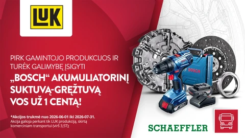 LUK reklaminis grafikas, kuriame vaizduojami Bosch akumuliatoriniai gręžtuvai ir automobilių dalys.