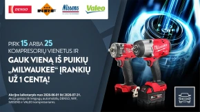 Reklaminis paveikslėlis su Milvokio įrankiais ir kompresoriaus pasiūlymo informacija.