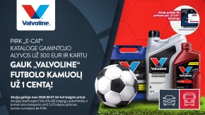 Valvoline reklaminis vaizdas su naftos produktais ir futbolo kamuoliu, pabrėžiant specialų pasiūlymą.