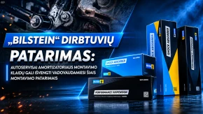 Nuotraukoje, kurioje pristatomi "Bilstein" amortizatorių gaminiai su montavimo patarimais autoserviso profesionalams.