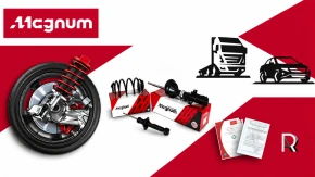 Vaizdas, kuriame rodomos "Magnum" automobilių dalys, įskaitant ratų mazgą, amortizatorius ir transporto priemonių grafiką.