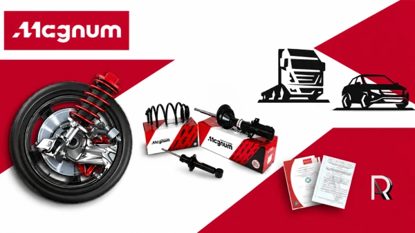 Vaizdas, kuriame rodomos "Magnum" automobilių dalys, įskaitant ratų mazgą, amortizatorius ir transporto priemonių grafiką.