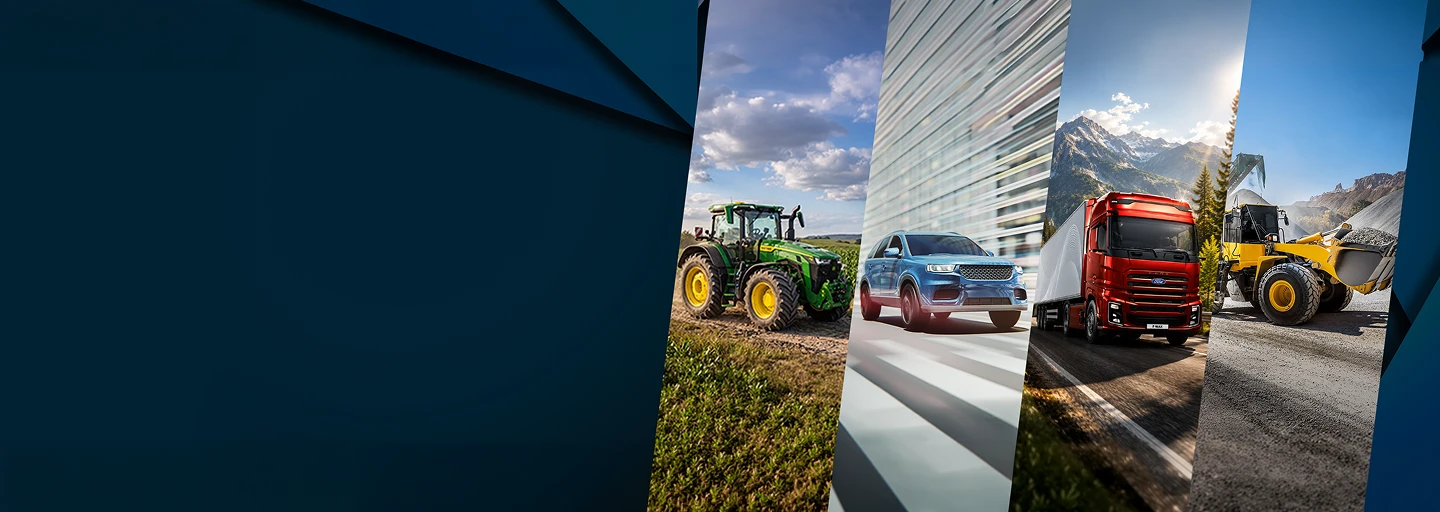 Kolaż prezentujący traktor, SUV, ciężarówkę i pojazd budowlany, podkreślający różne branże.