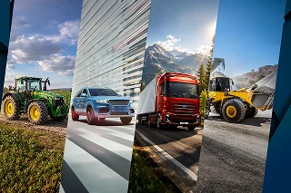 Kolaż przedstawiający zielony traktor, srebrnego SUV-a, czerwoną ciężarówkę i żółtą ładowarkę na tle różnorodnych scen.