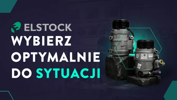 Ekspozycja komponentów samochodowych Elstock na ciemnym tle, z dwoma kompresorami na kamiennych blokach.