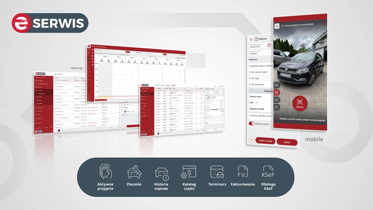 Zrzut ekranu oprogramowania SERWIS pokazujący interfejsy desktopowe i mobilne do zarządzania serwisem samochodowym.