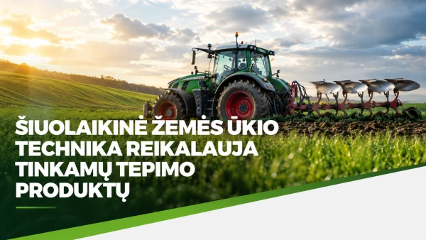 Žalias traktorius, ariantis lauką po debesuotu dangumi, demonstruojantis modernias ūkininkavimo technologijas.