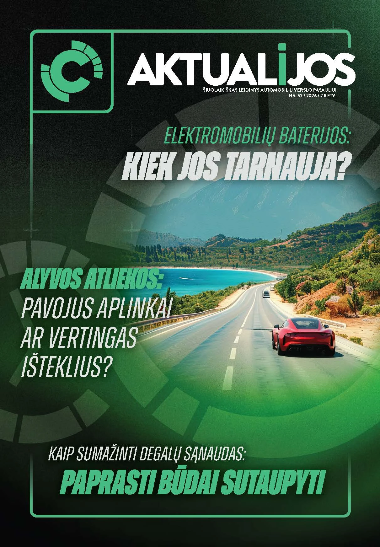 Elektromobilių akumuliatorių įžvalgos ir degalų taupymo patarimai Žurnalo viršelis aptaria elektromobilių akumuliatorius ir aplinkosaugos problemas su vaizdingu keliu ir automobiliu.