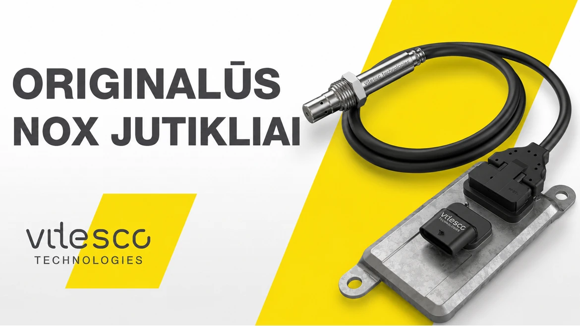 Originalių NOx jutiklių vaizdas geltoname fone su "Vitesco Technologies" jutikliu ir jungtimi.