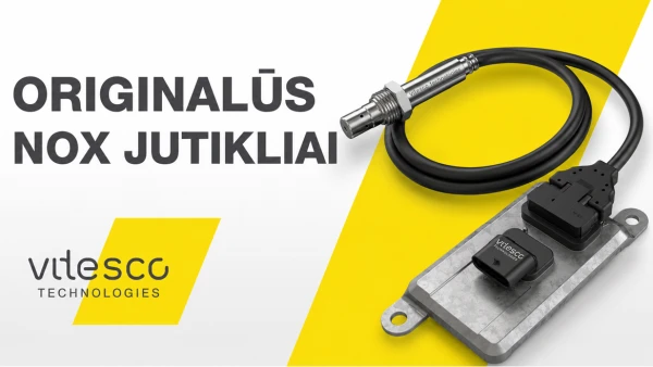 Originalių NOx jutiklių vaizdas geltoname fone su "Vitesco Technologies" jutikliu ir jungtimi.