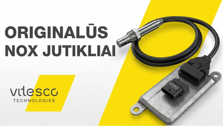 Originalių NOx jutiklių vaizdas geltoname fone su "Vitesco Technologies" jutikliu ir jungtimi.