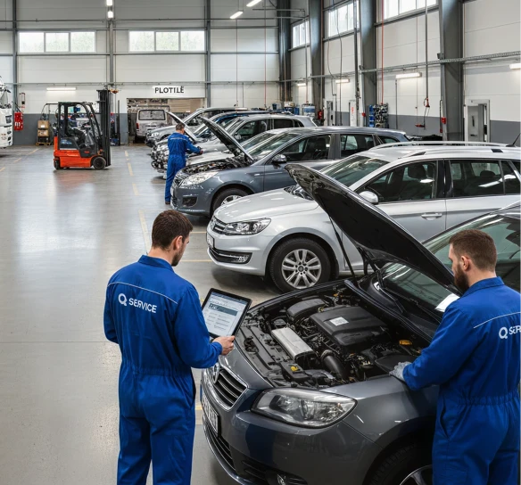Mėlynomis uniformomis vilkintys technikai dirba su transporto priemonėmis moderniame aptarnavimo centre, diagnostikai naudoja planšetinį kompiuterį.