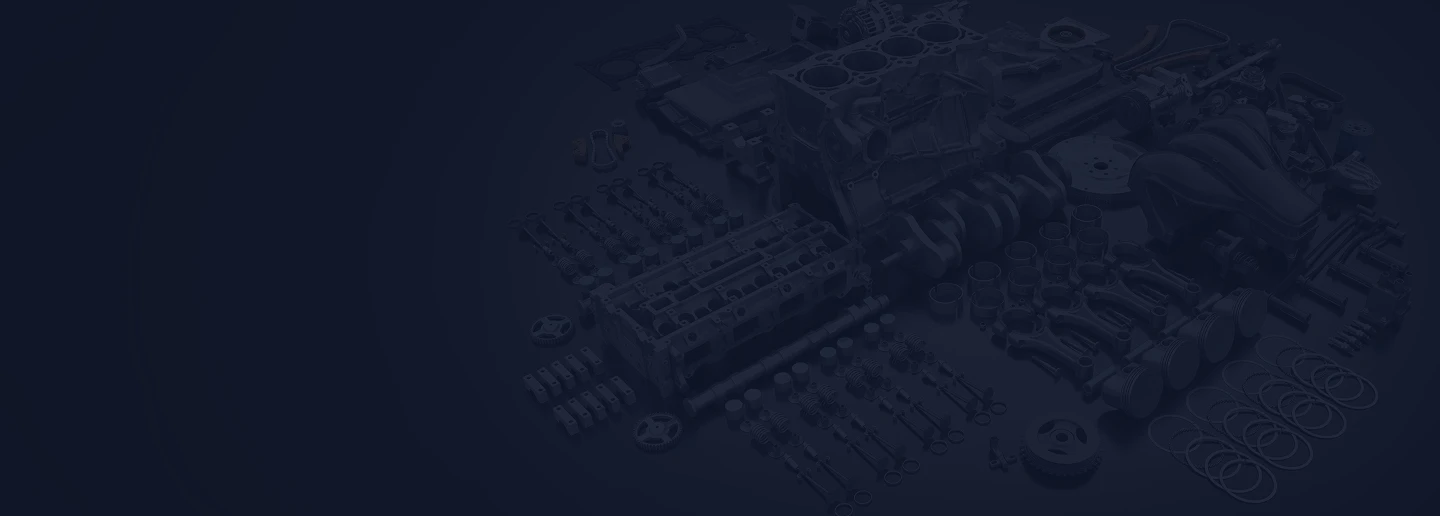 Išsamus įvairių automobilių variklių komponentų išdėstymas tamsiame fone.