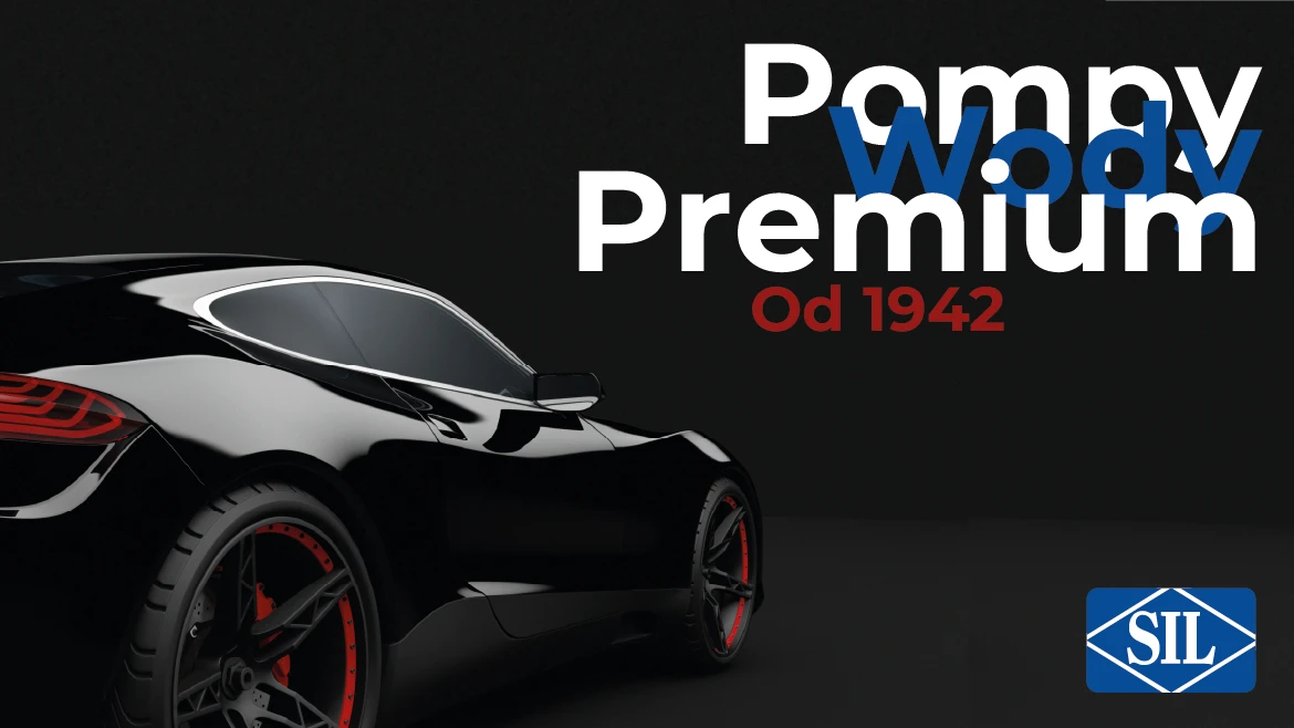 Elegancki, samochód sportowy z czerwonymi akcentami, prezentujący nowoczesne elementy designu i napis "Pompy Woody Premium Od 1942".