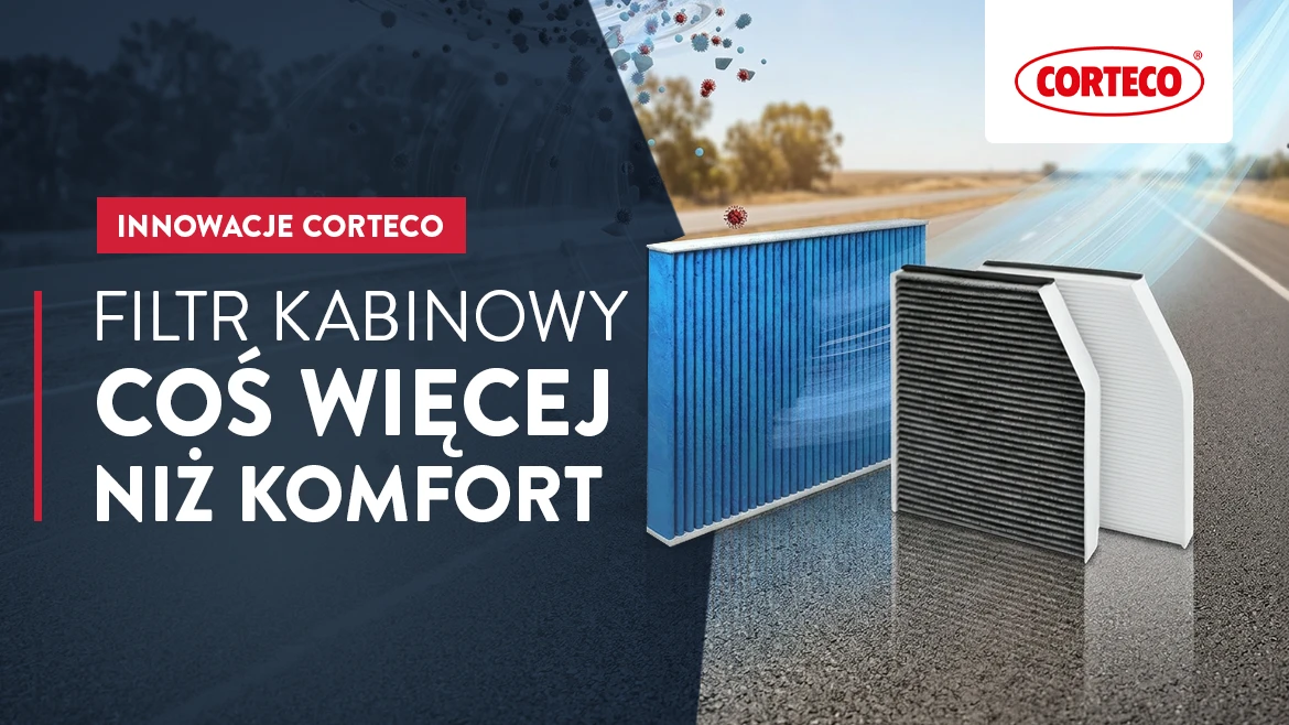 Innowacje w filtrach kabinowych Corteco Filtry kabinowe Corteco na tle malowniczej drogi, podkreślając komfort i jakość powietrza.