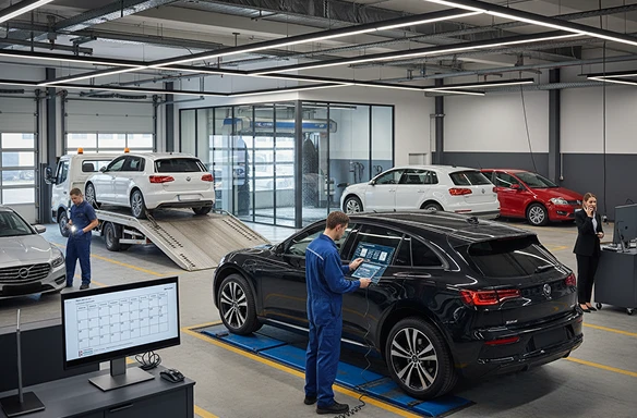 Technikai, dirbantys moderniame autoservise su keliomis transporto priemonėmis ir kompiuterių stotimi.