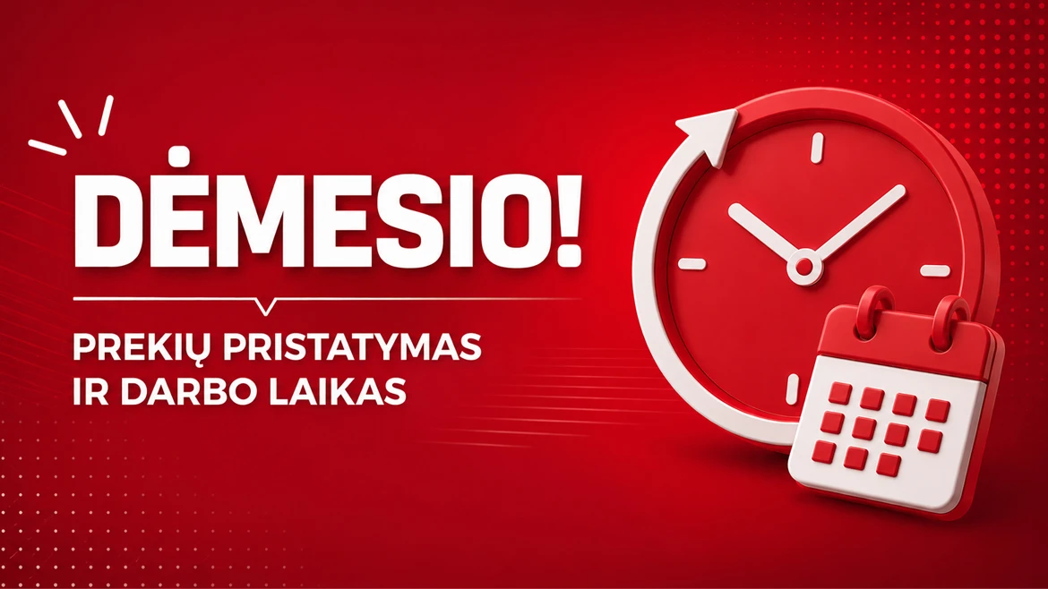 Dėmesio! Pristatymo ir darbo valandų skelbimas Raudona grafika su laikrodžiu ir kalendoriumi, skelbiančiu pristatymą ir darbo valandas.