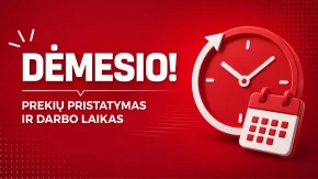 Raudona grafika su laikrodžiu ir kalendoriumi, skelbiančiu pristatymą ir darbo valandas.