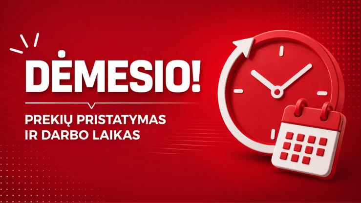 Raudona grafika su laikrodžiu ir kalendoriumi, skelbiančiu pristatymą ir darbo valandas.