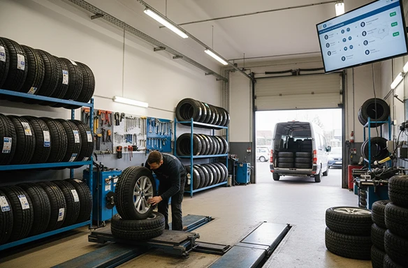 Technikas, dirbantis su padanga dirbtuvėse, pripildytose padangų ir įrankių.