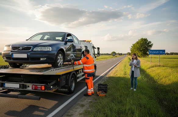 Vilkiko operatorius padeda įstrigusiam automobiliui, o moteris laukia netoliese kaimo kelyje prie Vilniaus ženklo.