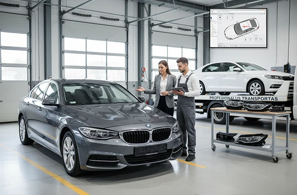 Moteris ir vyras aptarinėja BMW automobilį autoservise su skaitmeniniu ekranu fone.