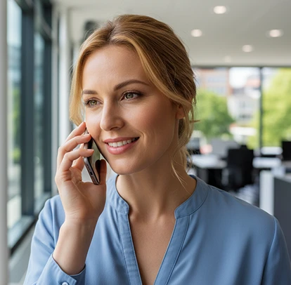 Profesionali moteris mėlyna palaidine, kalbanti telefonu šviesioje, modernioje biuro aplinkoje.