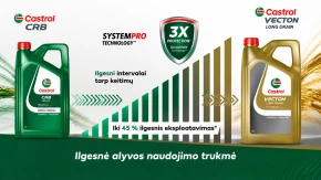 Nuotraukoje rodomi "Castrol CRB" ir "VECTON" alyvos buteliai su tokiomis funkcijomis kaip "SystemPro" technologija ir ilgesni alyvos keitimo intervalai.