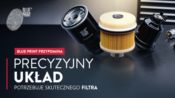 Wybór filtrów samochodowych, w tym olejowe i paliwowe od Blue Print na ciemnym tle.