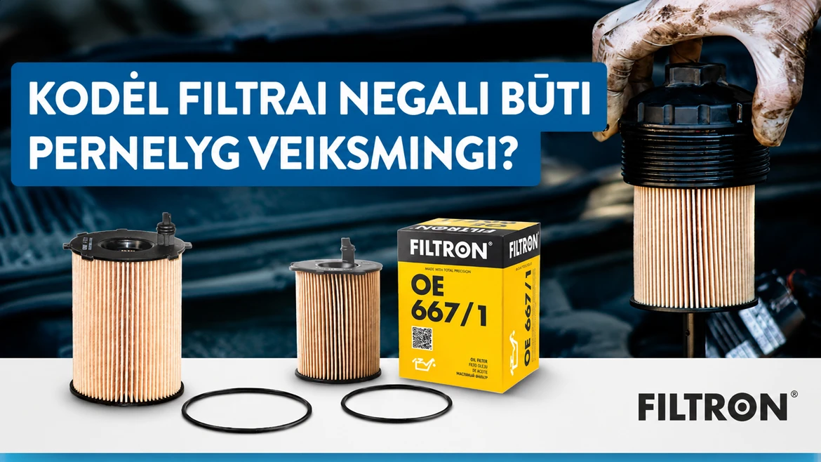 Trys "Filtron" alyvos filtrai su dėžute ir mechaniko ranka, laikančia filtrą, pabrėžia priežiūros svarbą.