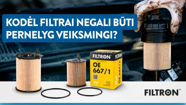 Trys "Filtron" alyvos filtrai su dėžute ir mechaniko ranka, laikančia filtrą, pabrėžia priežiūros svarbą.