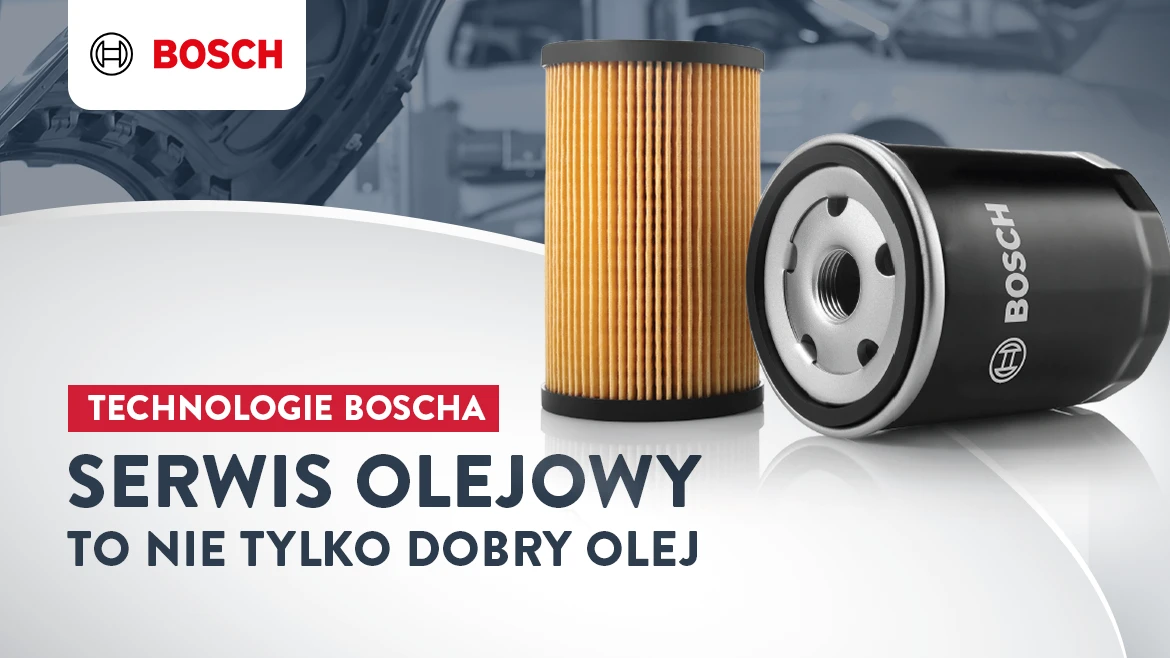 Zdjęcie przedstawiające filtry oleju Bosch oraz technologię serwisową dla pojazdów.