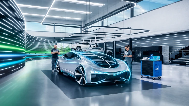 Elegantiškas, futuristinis automobilis su neoniniais akcentais aukštųjų technologijų dirbtuvėse, jį apžiūri technikai.