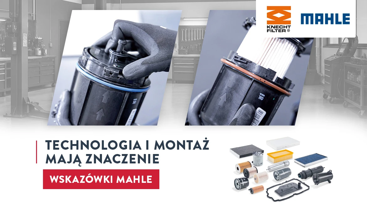 Zbliżenie technika obsługującego filtr MAHLE, prezentującego technologię filtrów i wskazówki dotyczące montażu.
