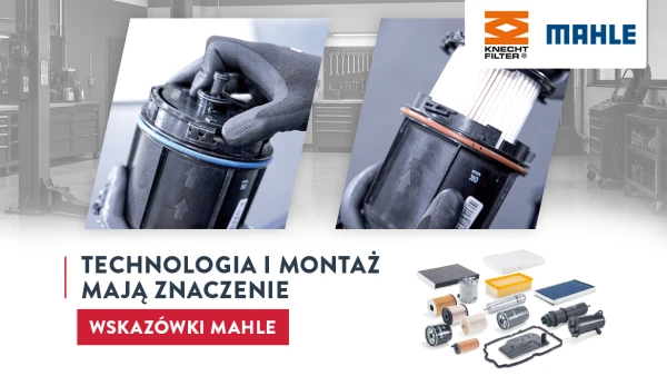Zbliżenie technika obsługującego filtr MAHLE, prezentującego technologię filtrów i wskazówki dotyczące montażu.