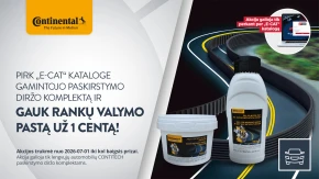 "Continental E-CAT" rankų valymo gelio akcija "Continental" E-CAT katalogo reklaminis vaizdas, kuriame siūlomas rankų valymo gelis už 1 centą su automobilių dalimis.
