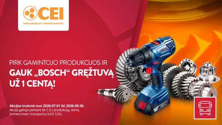 CEI reklaminis vaizdas, kuriame vaizduojamas "Bosch" gręžtuvas ir krumpliaračiai, reklamuojantis specialų atsarginių dalių pasiūlymą.