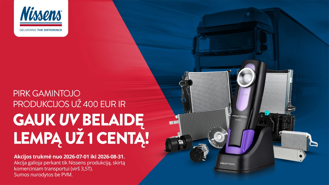 Reklaminis paveikslėlis su Nissens produktais ir UV lempos pasiūlymu perkant virš 400 EUR.