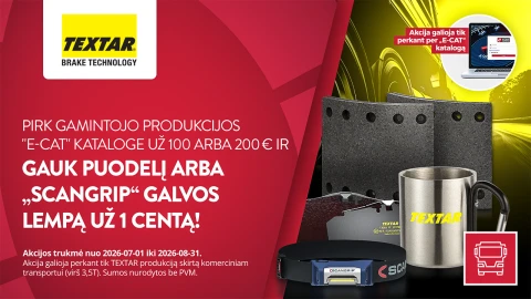 Reklaminis vaizdas Textar gaminiams su specialiu pasiūlymu perkant E-CAT katalogą.