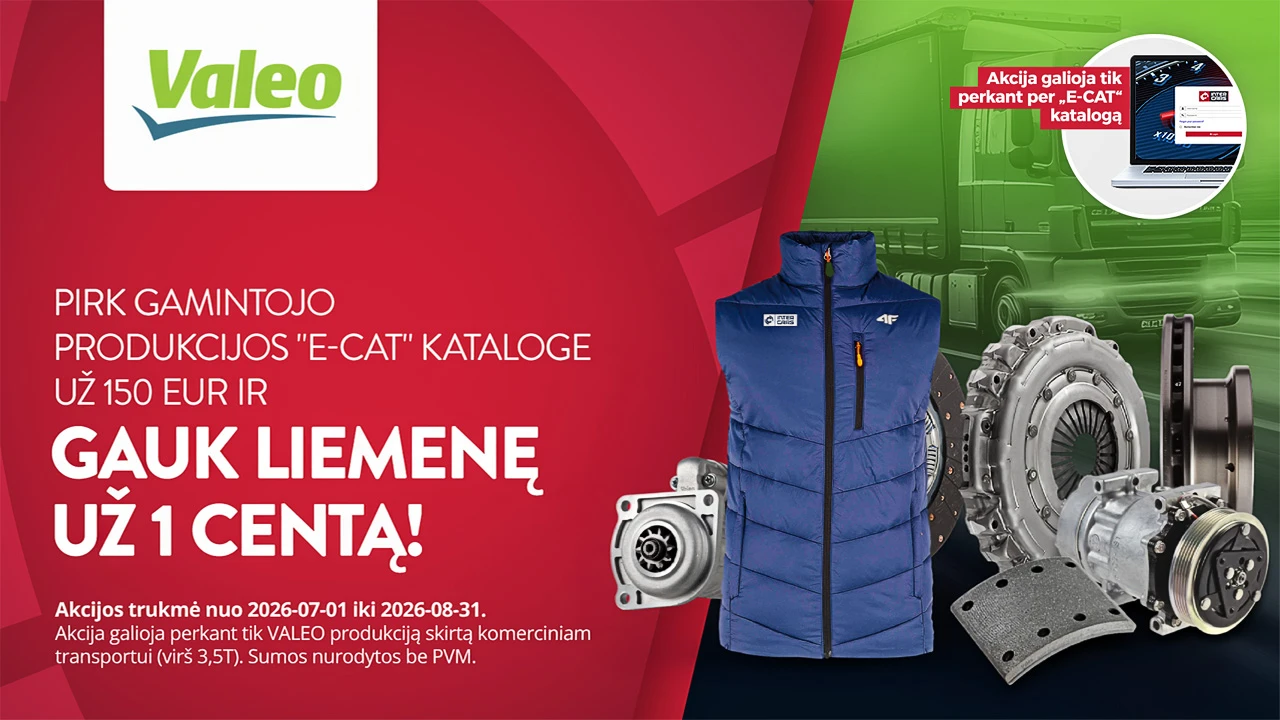 "Valeo E-CAT" gaminių reklaminis paveikslėlis su mėlyna liemene ir automobilių dalimis, pabrėžiantis specialų pasiūlymą.