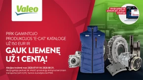 "Valeo E-CAT" gaminių reklaminis paveikslėlis su mėlyna liemene ir automobilių dalimis, pabrėžiantis specialų pasiūlymą.