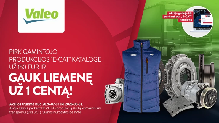 "Valeo E-CAT" gaminių reklaminis paveikslėlis su mėlyna liemene ir automobilių dalimis, pabrėžiantis specialų pasiūlymą.