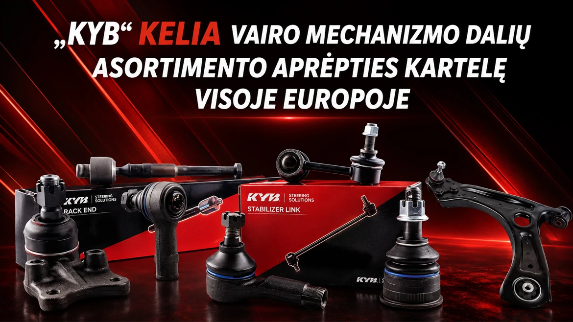 KYB vairavimo sprendimų dalių apžvalga KYB vairo dalių, įskaitant bagažinės galą ir stabilizatoriaus jungtį, rodymas raudoname fone.