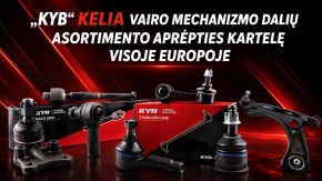 KYB vairo dalių, įskaitant bagažinės galą ir stabilizatoriaus jungtį, rodymas raudoname fone.