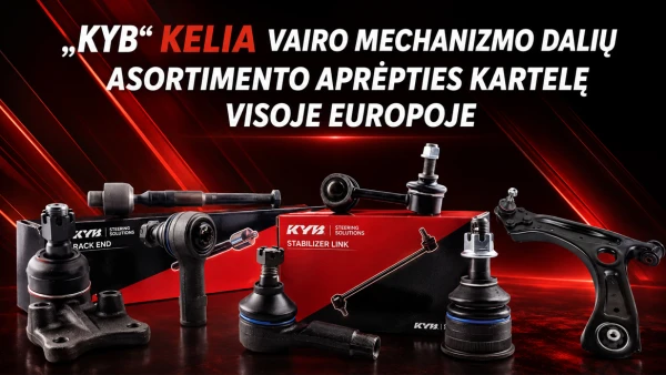KYB vairo dalių, įskaitant bagažinės galą ir stabilizatoriaus jungtį, rodymas raudoname fone.